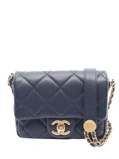 Pre-owned Chanel 2021-2025 Mini Caviar Twist Your Buttons Flap Crossbody Bag In Blue