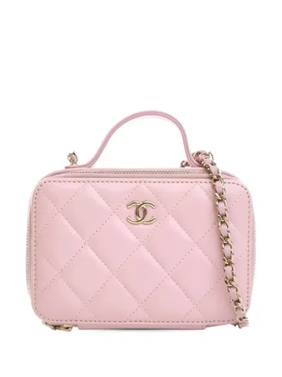 Pre-owned Chanel 2021-2025 Mini Cc Glazed Calfskin Double Zip Top Handle Vanity Case Satchel In Pink