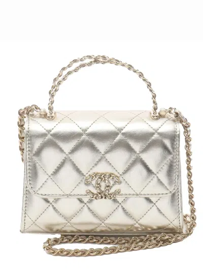 Pre-owned Chanel 2021-2025 Mini Cc Metallic Lambskin Top Handle Flap Satchel In Gold