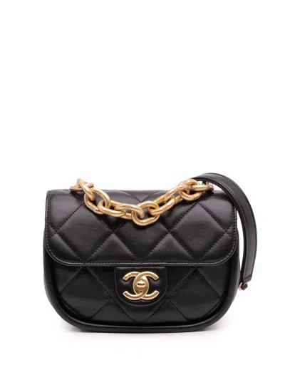 Pre-owned Chanel 2021-2025 Mini Cc Quilted Calfskin Round Moon Messenger Flap Crossbody Bag In Black