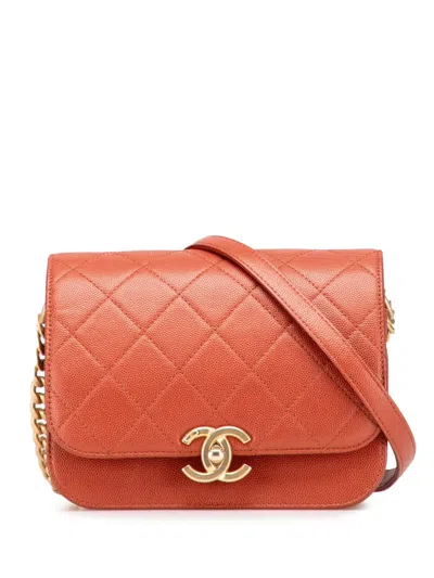 Pre-owned Chanel 2021-2025 Mini Cc Quilted Caviar Messenger Single Flap Crossbody Bag In Red