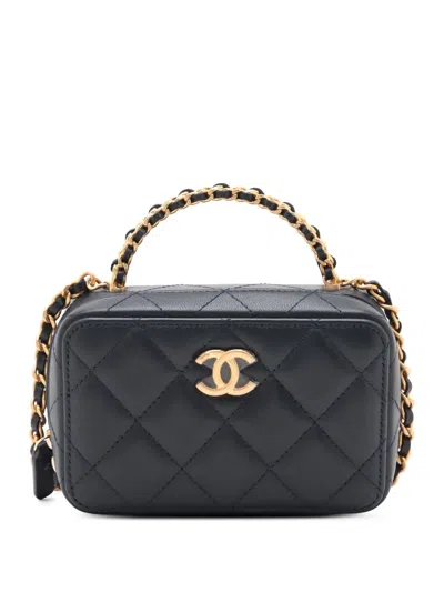 Pre-owned Chanel 2021-2025 Mini Cc Quilted Lambskin Chain Top Handle Vanity Case Satchel In Blue