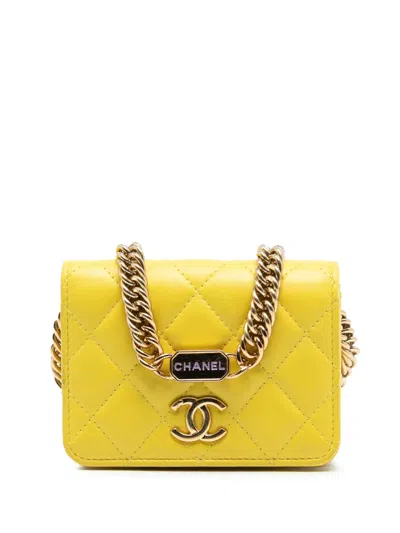 Pre-owned Chanel 2021-2025 Mini Cc Quilted Lambskin Chain With Charms Single Flap Crossbody Bag In Yellow