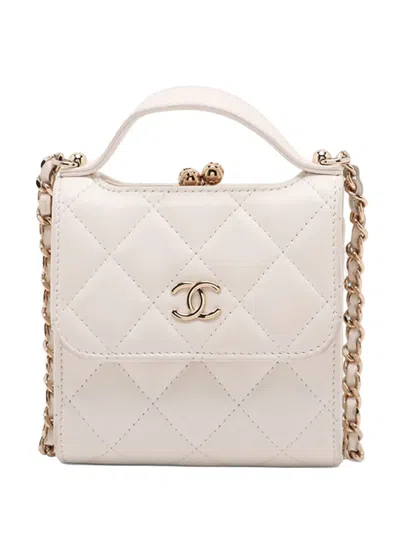 Pre-owned Chanel 2021-2025 Mini Cc Quilted Lambskin Kiss Lock Frame Top Handle Clutch With Chain Satchel In Neutral