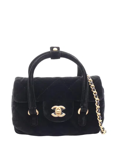 Pre-owned Chanel 2021-2025 Mini Cc Quilted Velvet Top Handle Flap Bag Crossbody Bag In Black