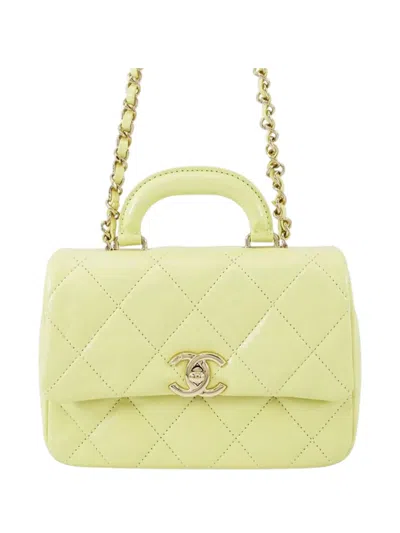 Pre-owned Chanel 2021-2025 Mini Cc Shiny Calfskin Top Handle Flap Satchel In Yellow
