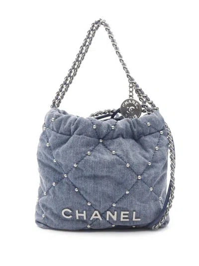 Pre-owned Chanel 2021-2025 Mini Denim Studded 22 Handbag Satchel In Blue