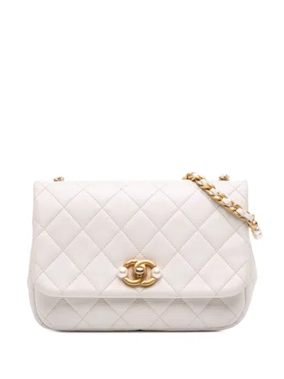 Pre-owned Chanel 2021-2025 Mini Glazed Calfskin Pearl Side Flap Crossbody Bag In White