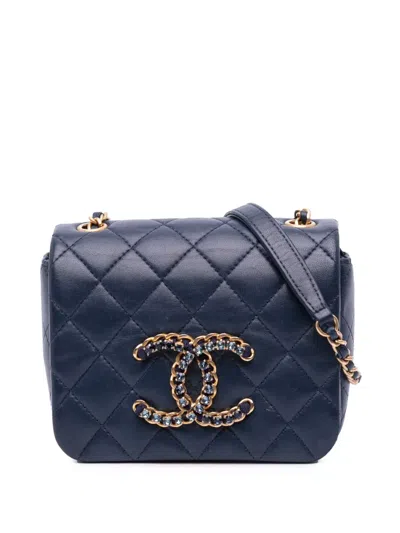 Pre-owned Chanel 2021-2025 Mini Lambskin Cc Crystal Full Flap Crossbody Bag In Blue