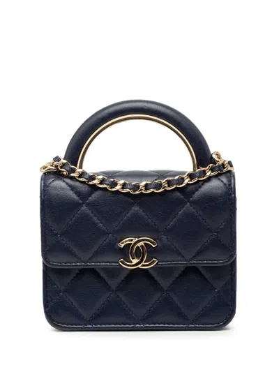 Pre-owned Chanel 2021-2025 Mini Lambskin Paris Le19m Charming Top Handle Flap Satchel In Blue