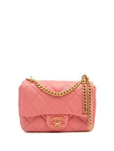Pre-owned Chanel 2021-2025 Mini Lambskin Pending Cc Flap Crossbody Bag In Pink