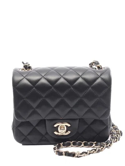 Pre-owned Chanel 2021-2025 Mini Lambskin Square Single Flap Shoulder Bag In Black