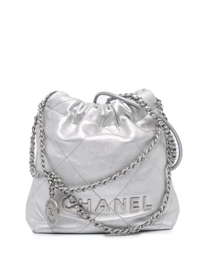 Pre-owned Chanel 2021-2025 Mini Metallic Calfskin 22 Satchel In Silver