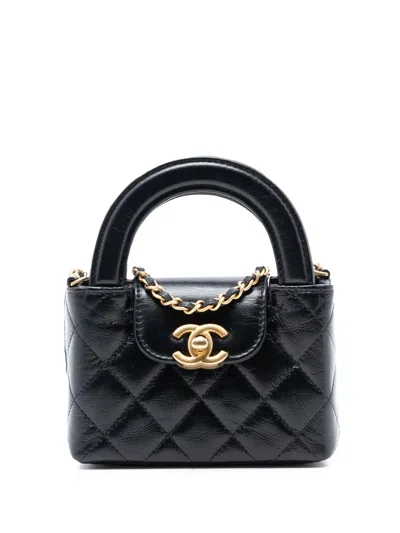 Pre-owned Chanel 2021-2025 Mini Nano Aged Calfskin Kelly Shopper Bag Satchel In Black