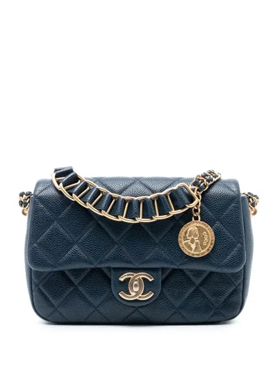 Pre-owned Chanel 2021-2025 Mini Quilted Caviar Chain Soul Flap Crossbody Bag In Blue