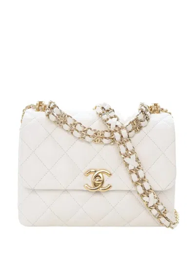Pre-owned Chanel 2021-2025 Mini Quilted Caviar Coco First Flap Crossbody Bag In White