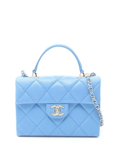 Pre-owned Chanel 2021-2025 Mini Quilted Caviar Retro Twist Top Handle Flap Satchel In Blue