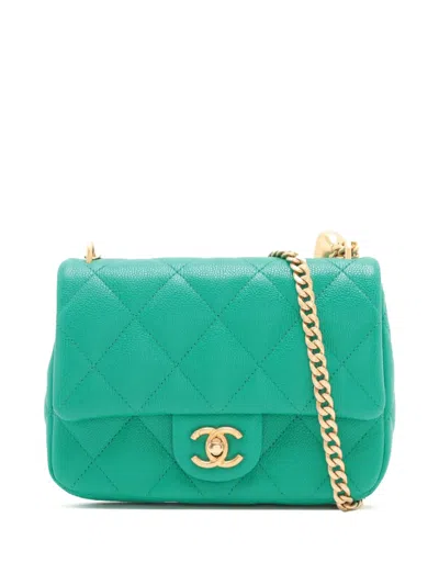 Pre-owned Chanel 2021-2025 Mini Quilted Caviar Sweetheart Flap Crossbody Bag In Green