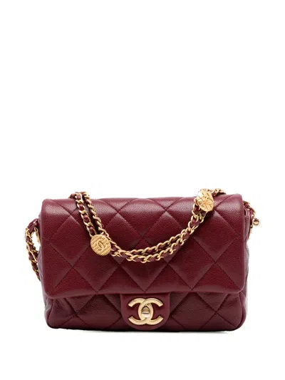 Pre-owned Chanel 2021-2025 Mini Quilted Caviar Twist Your Buttons Flap Crossbody Bag In Red