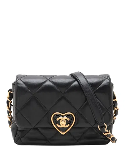 Pre-owned Chanel 2021-2025 Mini Quilted Lambskin Acrylic Coco Love Flap Crossbody Bag In Black
