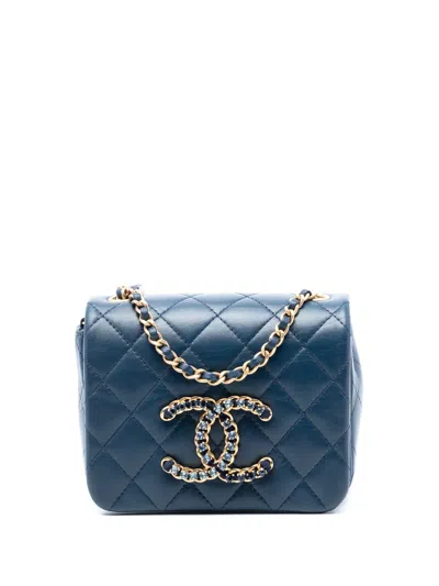 Pre-owned Chanel 2021-2025 Mini Quilted Lambskin Cc Crystal Full Flap Crossbody Bag In Blue