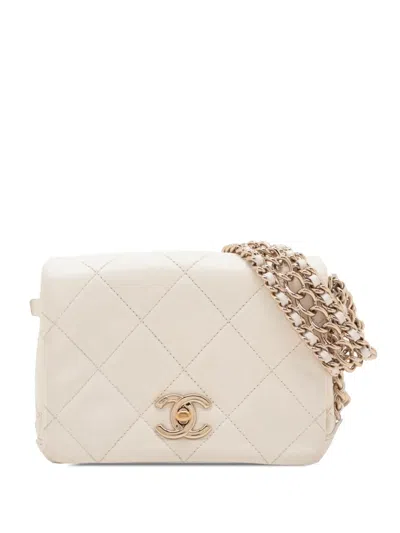 Pre-owned Chanel 2021-2025 Mini Quilted Lambskin Chain Rows Flap Crossbody Bag In White
