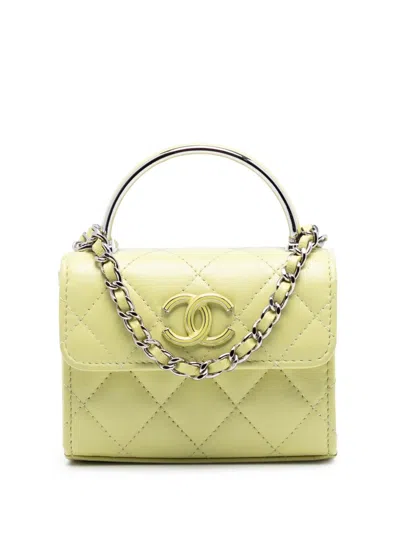 Pre-owned Chanel 2021-2025 Mini Quilted Lambskin Chain Top Handle Bag Satchel In Yellow