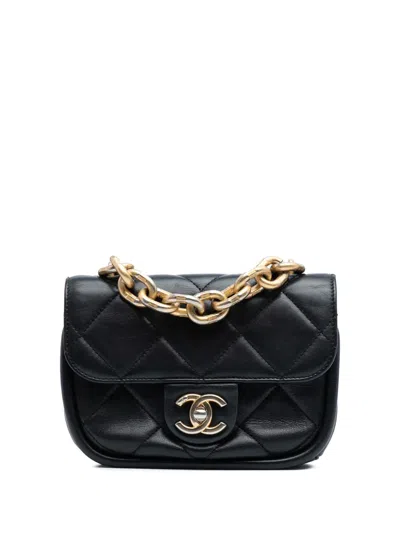 Pre-owned Chanel 2021-2025 Mini Quilted Lambskin Chain Top Handle Flap Satchel In Black