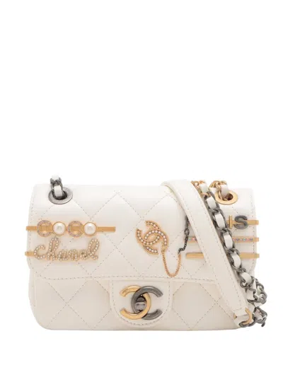 Pre-owned Chanel 2021-2025 Mini Quilted Lambskin Coco Clips Flap Crossbody Bag In White