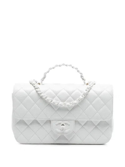 Pre-owned Chanel 2021-2025 Mini Quilted Lambskin Coco Top Handle Bag Satchel In White