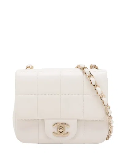 Pre-owned Chanel 2021-2025 Mini Quilted Lambskin Resin Crystal Square Monacoco Flap Crossbody Bag In White