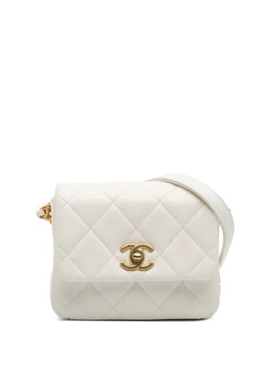 Pre-owned Chanel 2021-2025 Mini Quilted Lambskin Side Note Flap Crossbody Bag In White