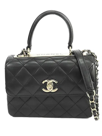 Pre-owned Chanel 2021-2025 Mini Quilted Lambskin Trendy Cc Flap Satchel In Black