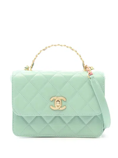 Pre-owned Chanel 2021-2025 Mini Quilted Shiny Calfskin Metal Top Handle Flap Satchel In Green