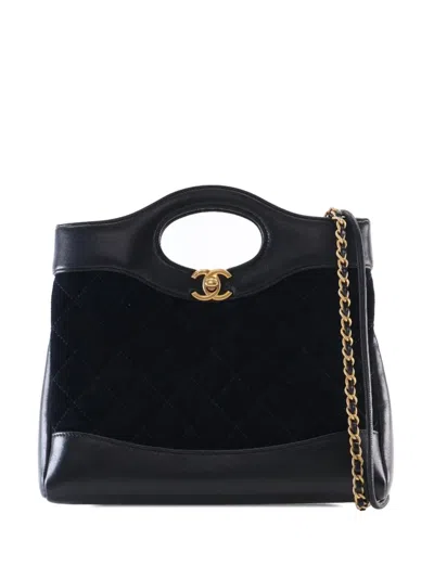 Pre-owned Chanel 2021-2025 Mini Quilted Suede And Lambskin 31 Shopping Bag Satchel In Black