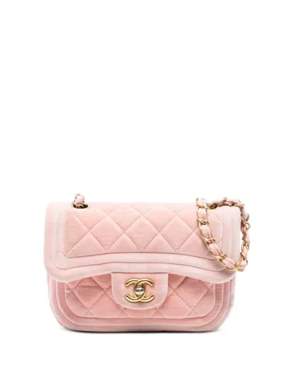 Pre-owned Chanel 2021-2025 Mini Quilted Velvet Double Frame Flap Crossbody Bag In Pink