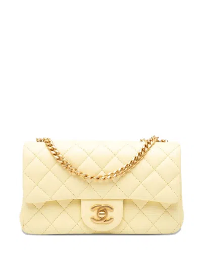 Pre-owned Chanel 2021-2025 Mini Rectangular Classic Lambskin Sweet Camellia Flap Crossbody Bag In Yellow