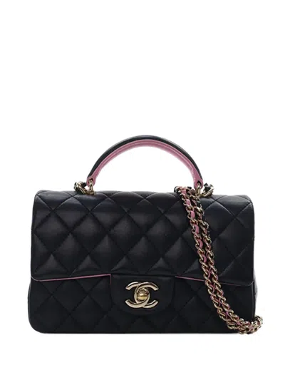 Pre-owned Chanel 2021-2025 Mini Rectangular Classic Lambskin Top Handle Flap Satchel In Black