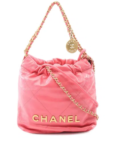 Pre-owned Chanel 2021-2025 Mini Shiny Calfskin 22 Handbag Satchel In Pink