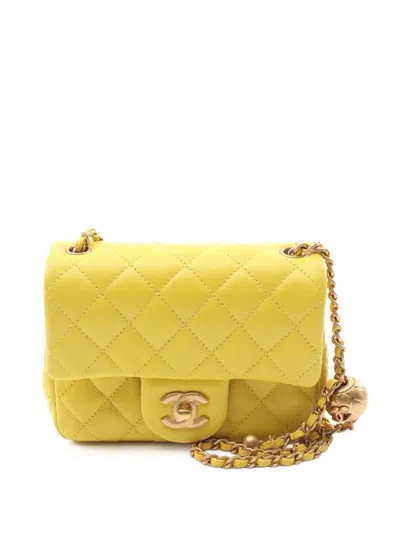 Pre-owned Chanel 2021-2025 Mini Square Classic Lambskin Pearl Crush Single Flap Crossbody Bag In Yellow