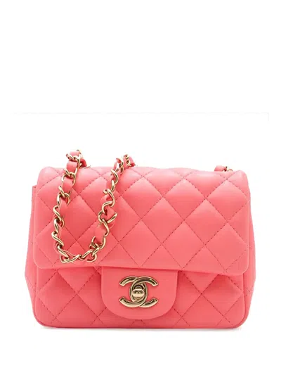 Pre-owned Chanel 2021-2025 Mini Square Classic Lambskin Single Flap Crossbody Bag In Pink