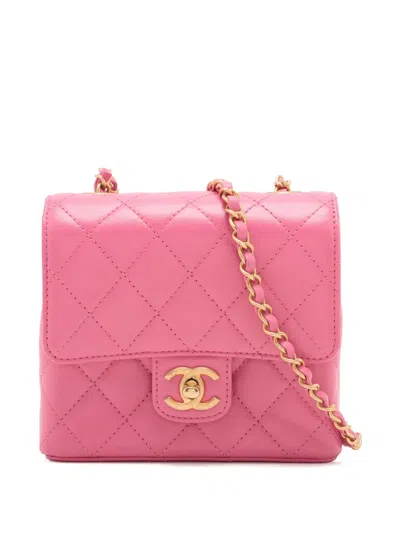 Pre-owned Chanel 2021-2025 Mini Square Classic Lambskin Single Flap Crossbody Bag In Pink