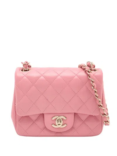 Pre-owned Chanel 2021-2025 Mini Square Classic Lambskin Single Flap Crossbody Bag In Pink