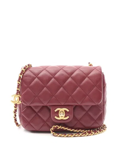 Pre-owned Chanel 2021-2025 Mini Square Lambskin Coco Heart Chain Flap Crossbody Bag In Red