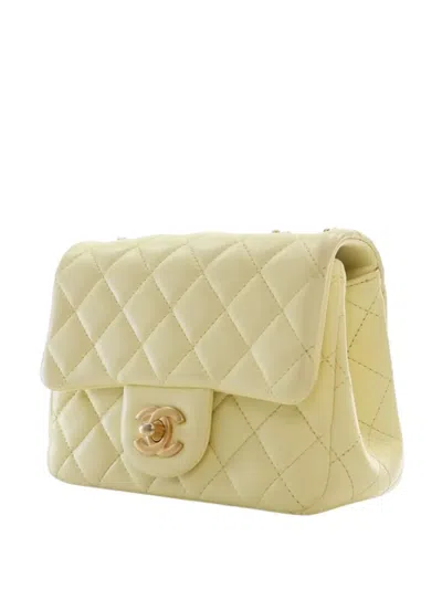 Pre-owned Chanel 2021-2025 Mini Square Lambskin Sweet Camellia Flap Crossbody Bag In Yellow