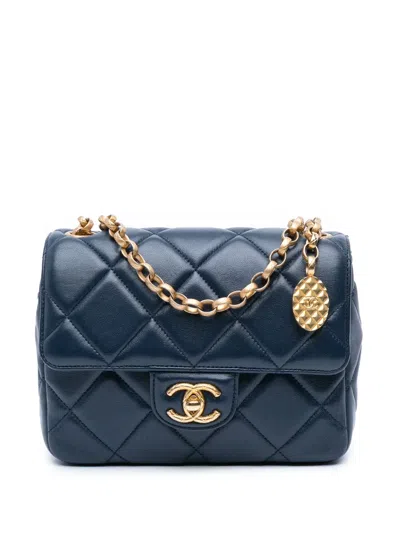 Pre-owned Chanel 2021-2025 Mini Square Quilted Lambskin Bijoux Logo Chain Flap Crossbody Bag In Blue