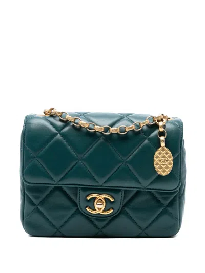 Pre-owned Chanel 2021-2025 Mini Square Quilted Lambskin Bijoux Logo Chain Flap Crossbody Bag In Green