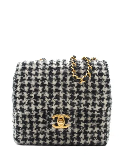 Pre-owned Chanel 2021-2025 Mini Square Quilted Tweed Houndstooth Straight Single Flap Crossbody Bag In Black