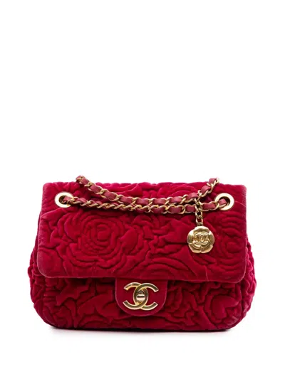 Pre-owned Chanel 2021-2025 Mini Velvet Camellia Flap Shoulder Bag In Red