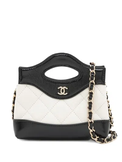 Pre-owned Chanel 2021-2025 Nano Bicolor Quilted Shiny Lambskin 31 Clutch With Chain Satchel In White